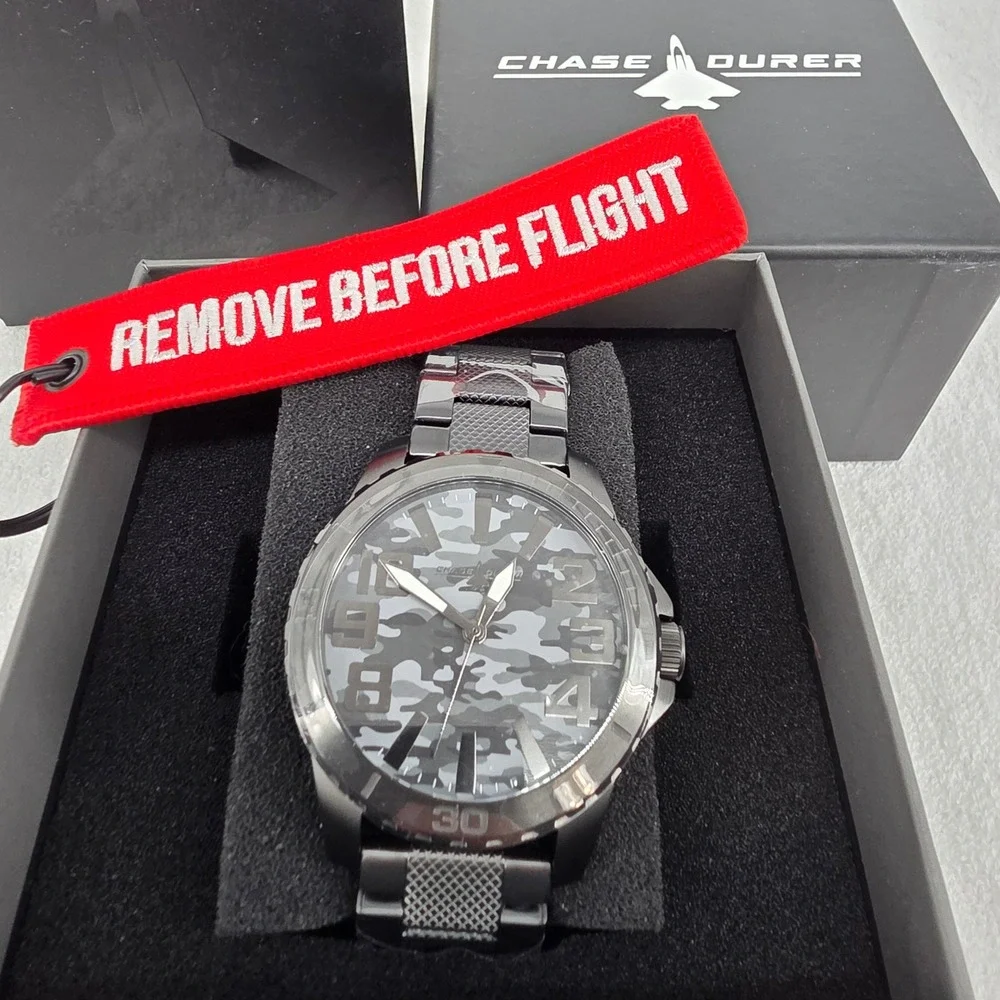 Chase-Durer Mens Camouflage Dial Gunmetal Stainless Steel Military Watch New